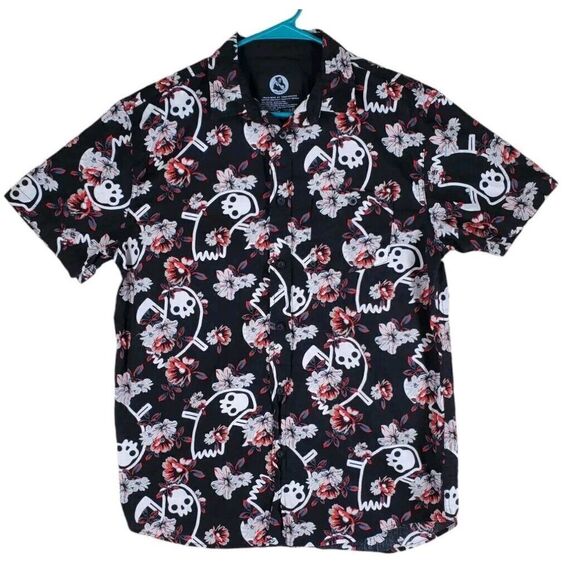 Threadless Obinsun Shirt Floral Skulls Reaper Spellout AOP Button Men L Black SS - Picture 9 of 10
